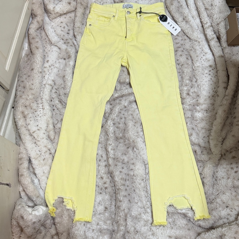 SAIGE Light Yellow Distressed Kick Flare Jeans